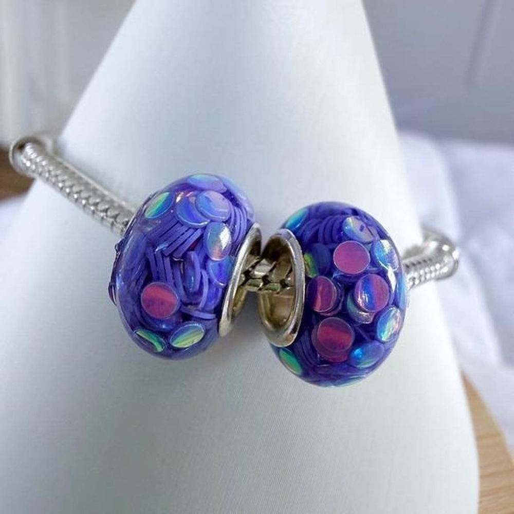 Purple Iridescent Confetti Silver Bead Charm Fits Snake Chain Bracelet - Picture 5 of 6